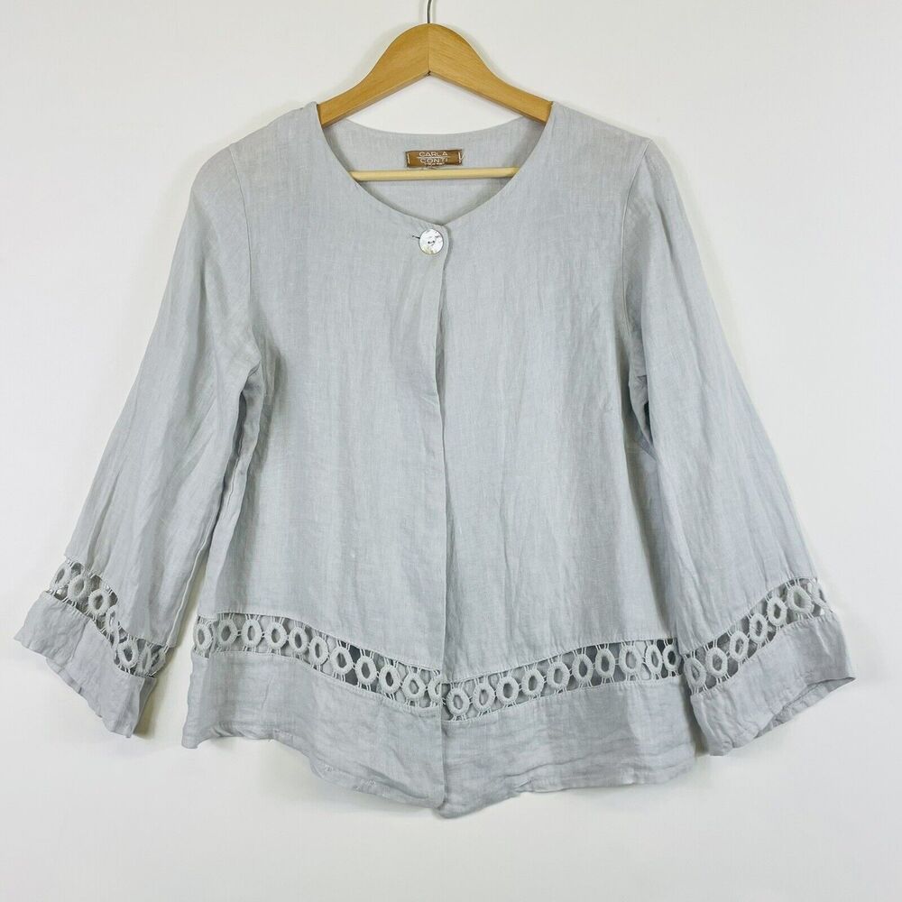 Carla Conti Linen Blend Jacket Top Womens Medium Blue Crochet Coastal Artisan‎